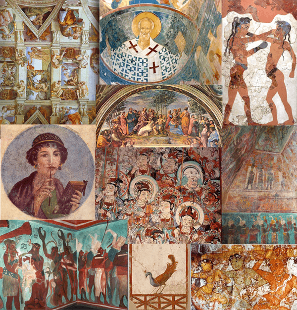 Collage of frescoes worldwide. Knossos Palace in Crete, Sistine Chapel at the Vatican, Temple of the Murals at Bonampak in Mexico, Byzantine Frescoes in Russia, China, Roman Pompeii, Italy, India.